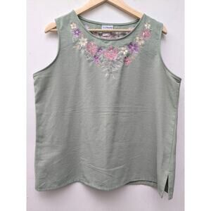 Bon Worth Women's Top Blouse Embroidered Sleeveless Green Floral VTg Size Large